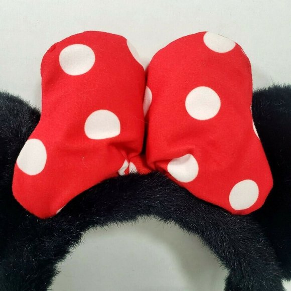 VTG Disney Parks Furry Black Minnie Ears Headband Red White Polka Dot Puffy Bow - Picture 3 of 7